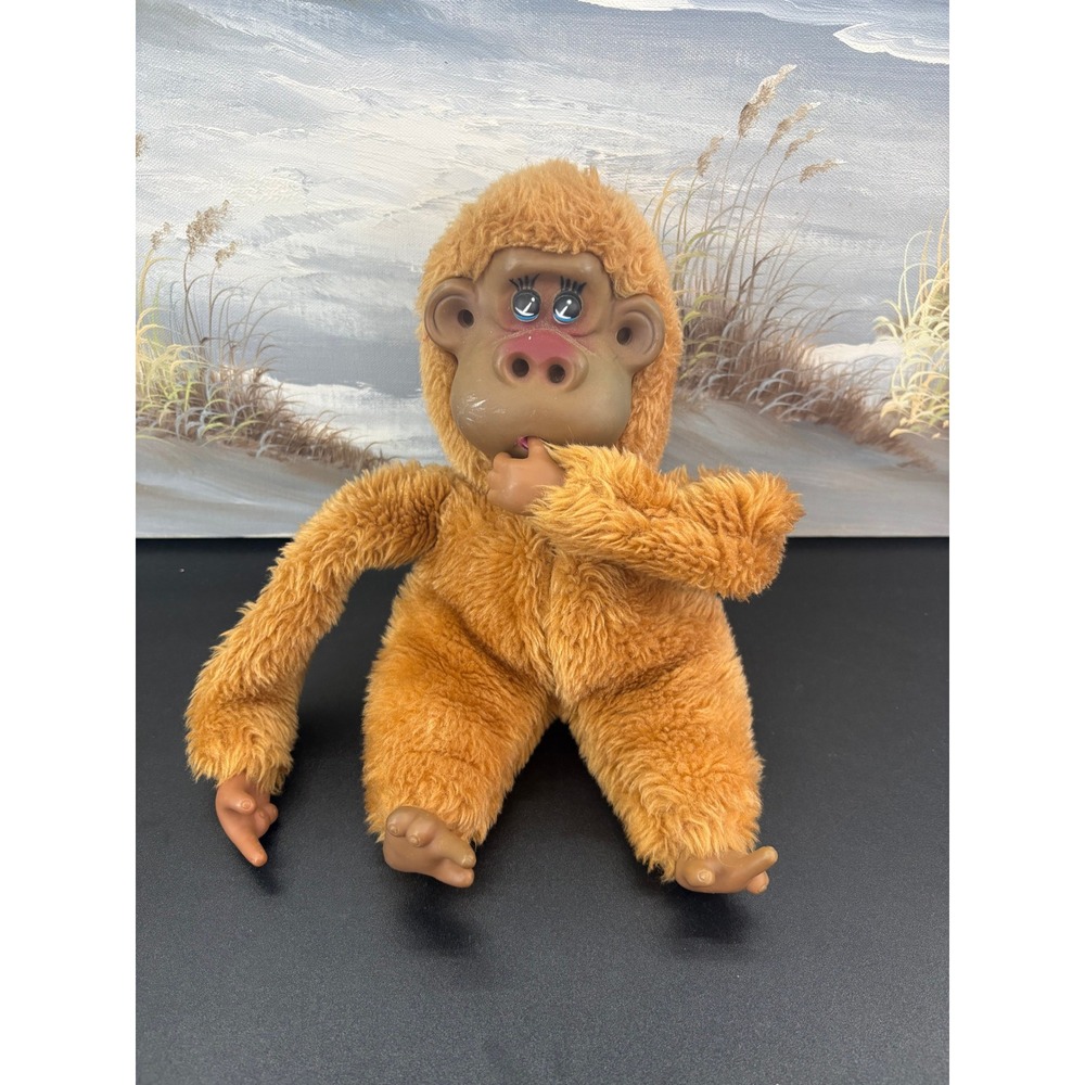 Vintage Rubber Face Gorilla Plush Orange Brown Sucking Thumb Monkey Toy 9 inch